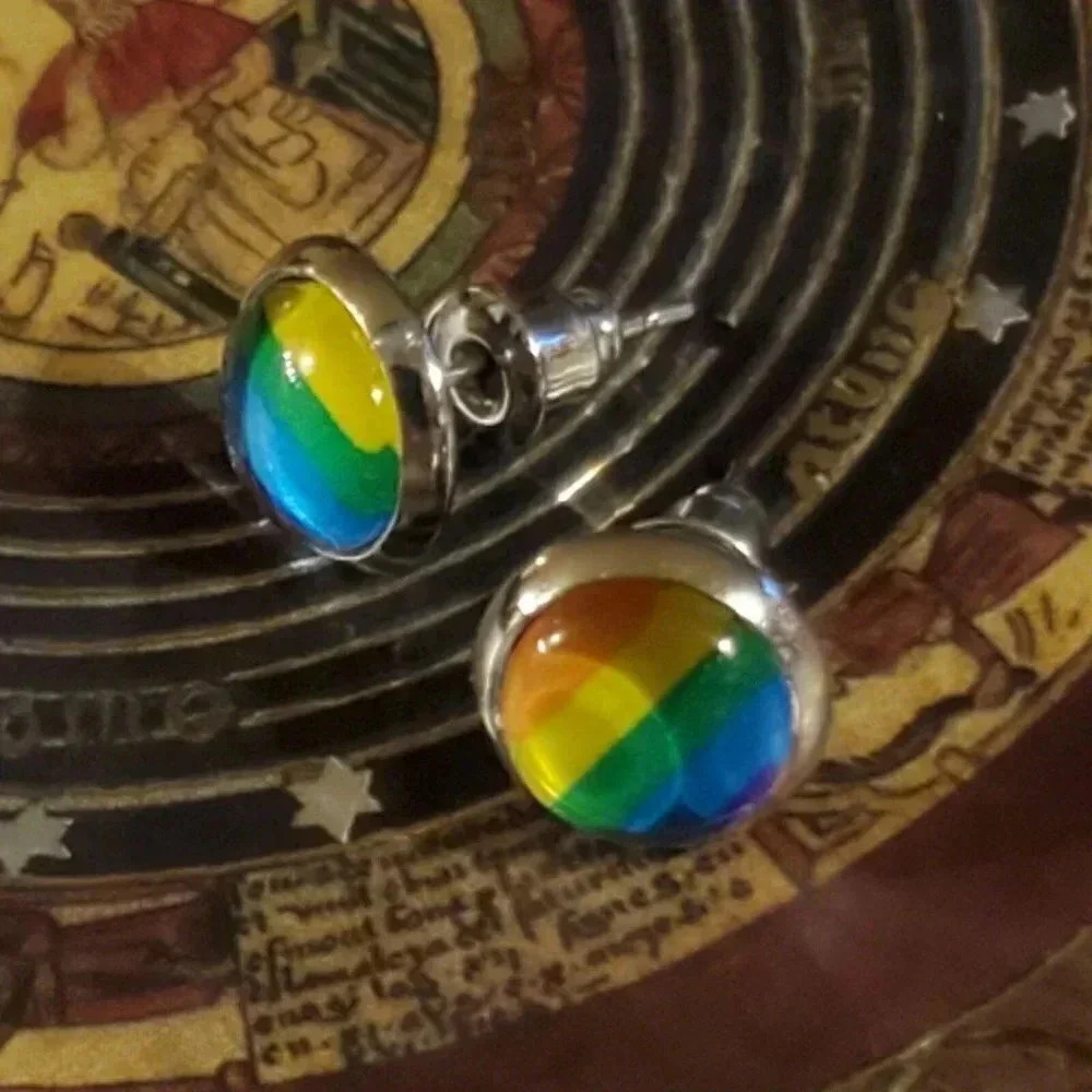 Handcrafted LGBTQ Rainbow Gay Pride Colors Round Silver Stud Earrings